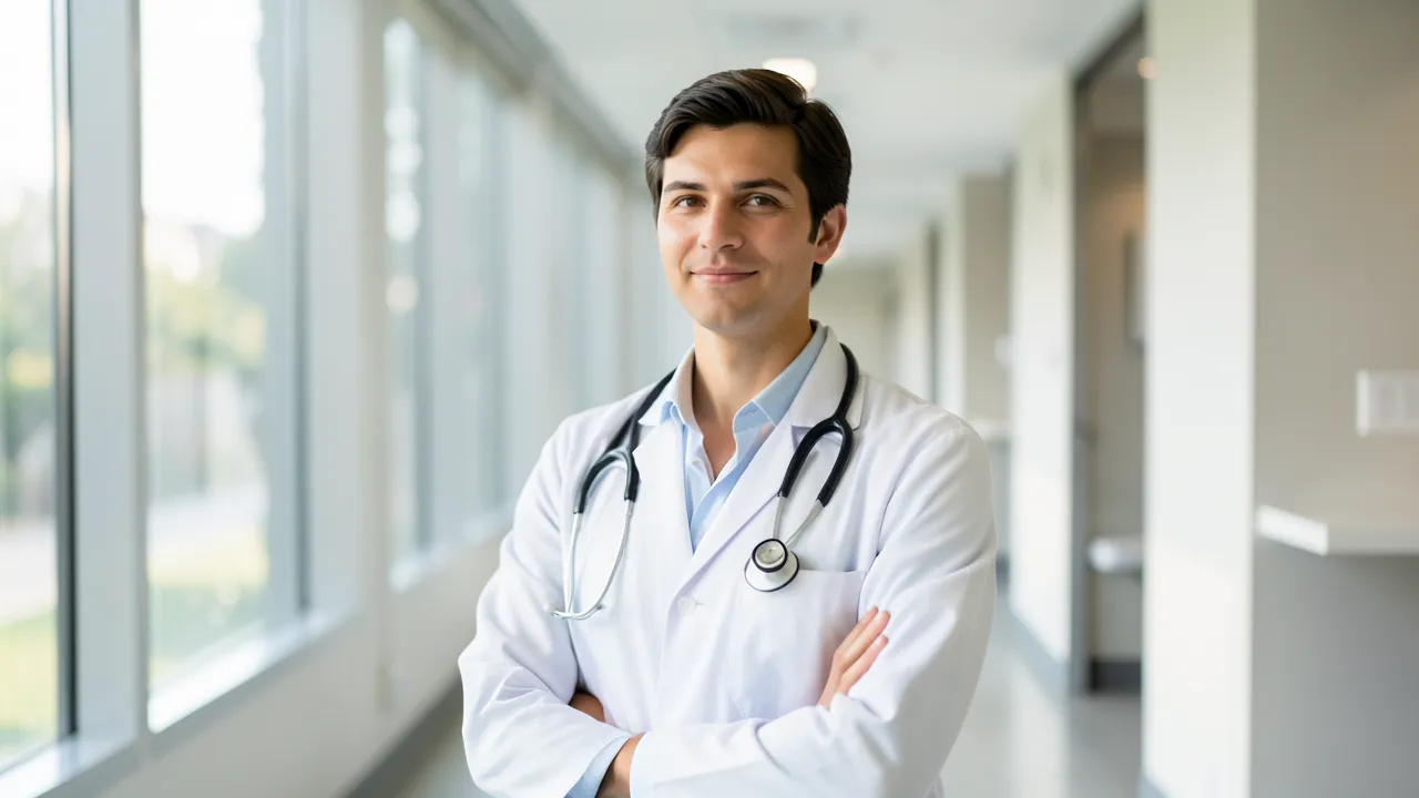 Aufnahme einer medizinisch wirkenden Fachperson in einem modernen, lichtdurchfluteten Klinikflur mit klarer Tiefenunschärfe und scharfem Fokus.